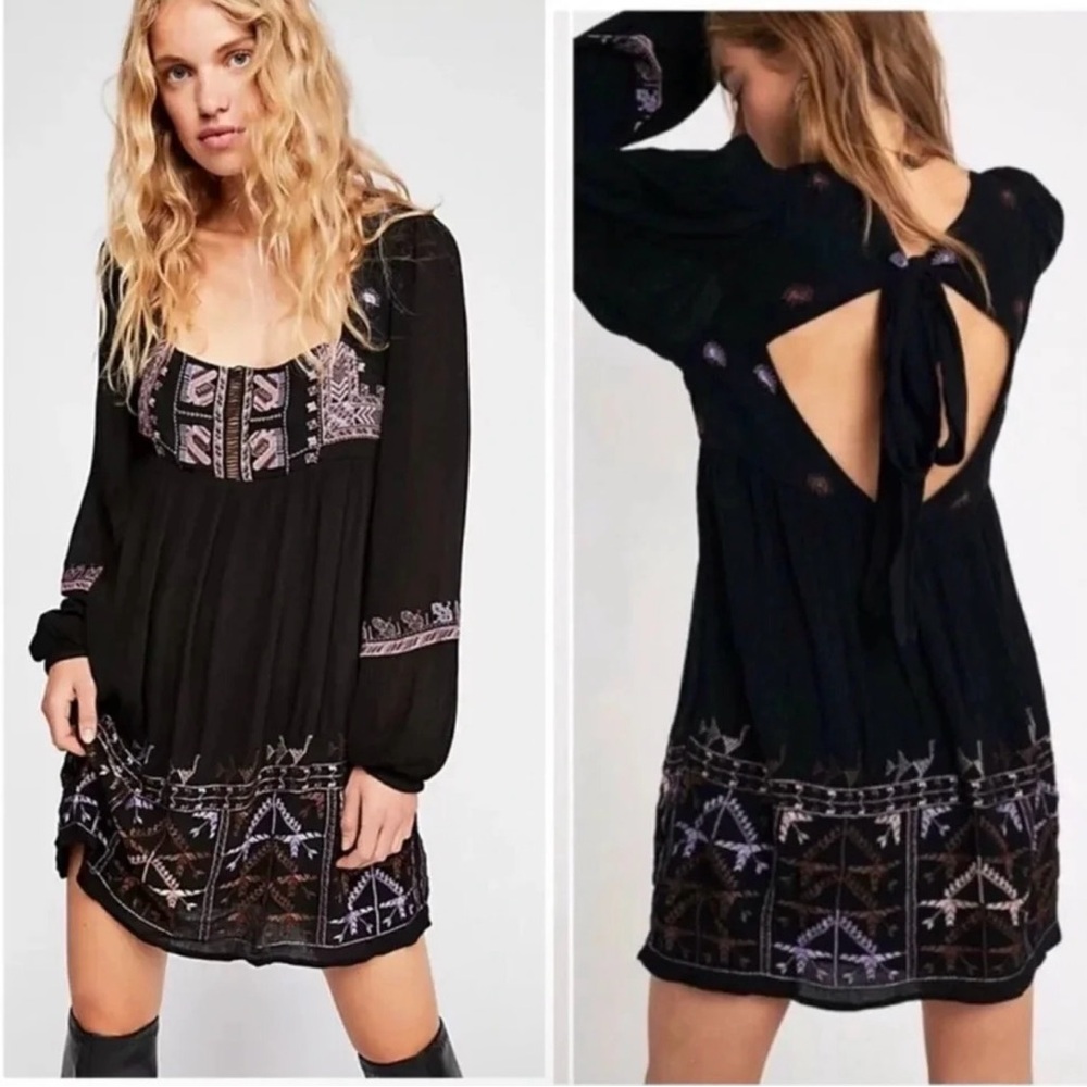 Free People Rhiannon Long Sleeve Mini Dress with Embroidery